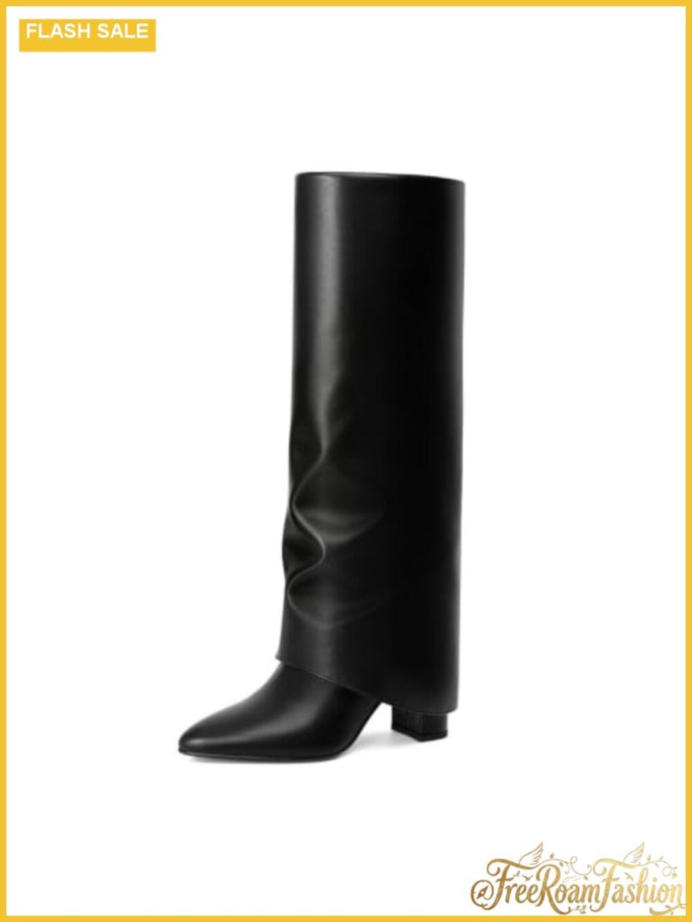 Women's Knee High Boots Fold Over Chunky Heel Pointed Toe Faux Leather